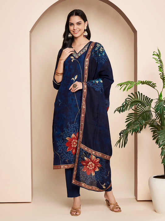 Navy Blue Embroidered Kurta Set with Pant & Dupatta