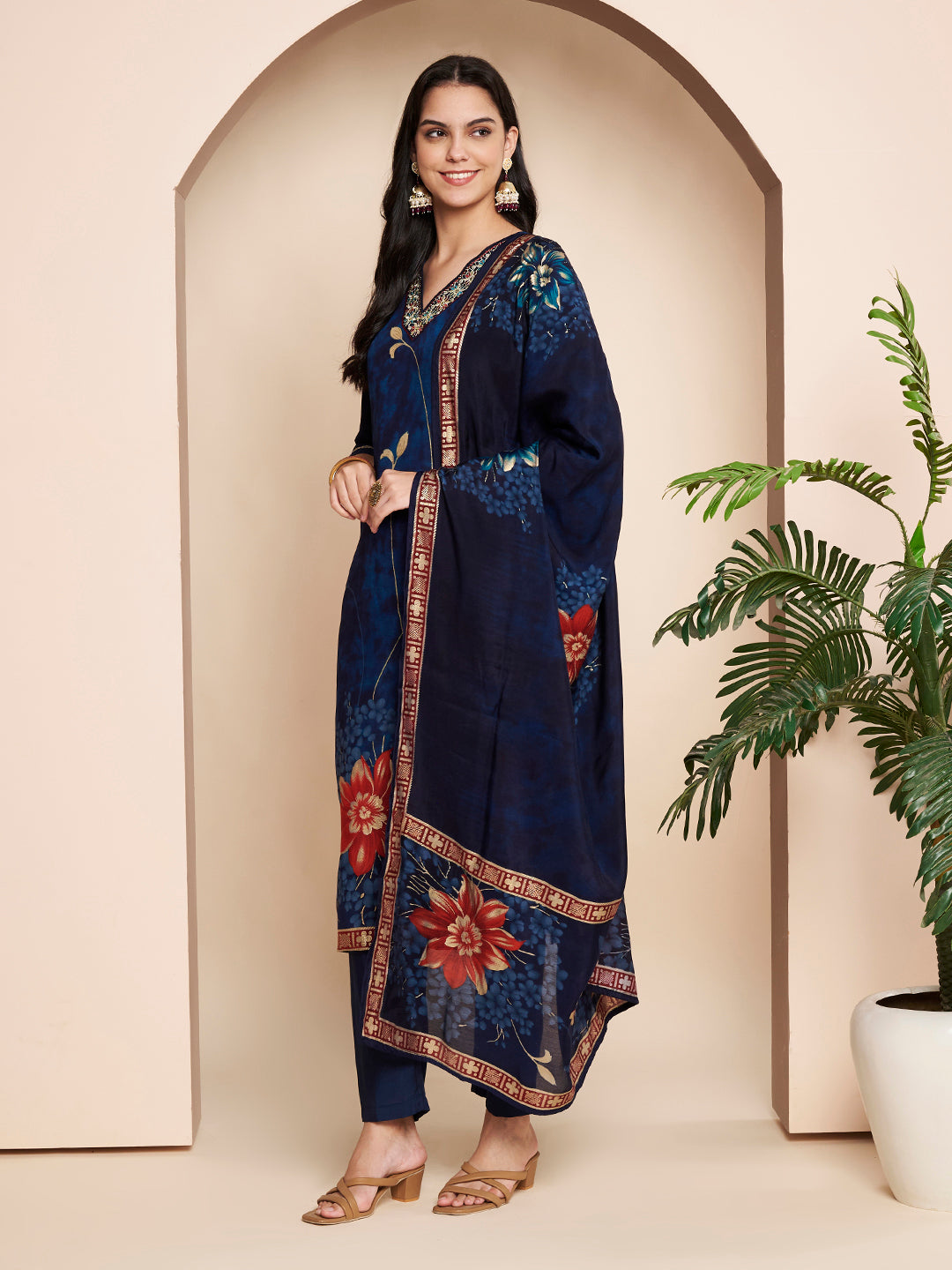 Navy Blue Embroidered Kurta Set with Pant & Dupatta