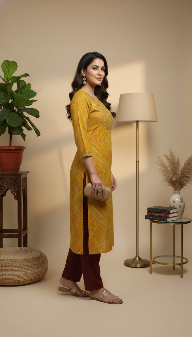 Mustard Printed Rayon Kurta