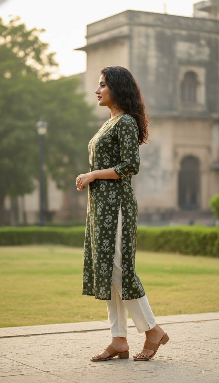 Olive green Chanderi Printed Kurta