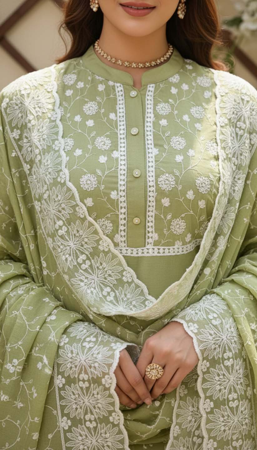 Sage Green Chanderi Lucknowi Embroidered Kurta with Pant & Dupatta Set