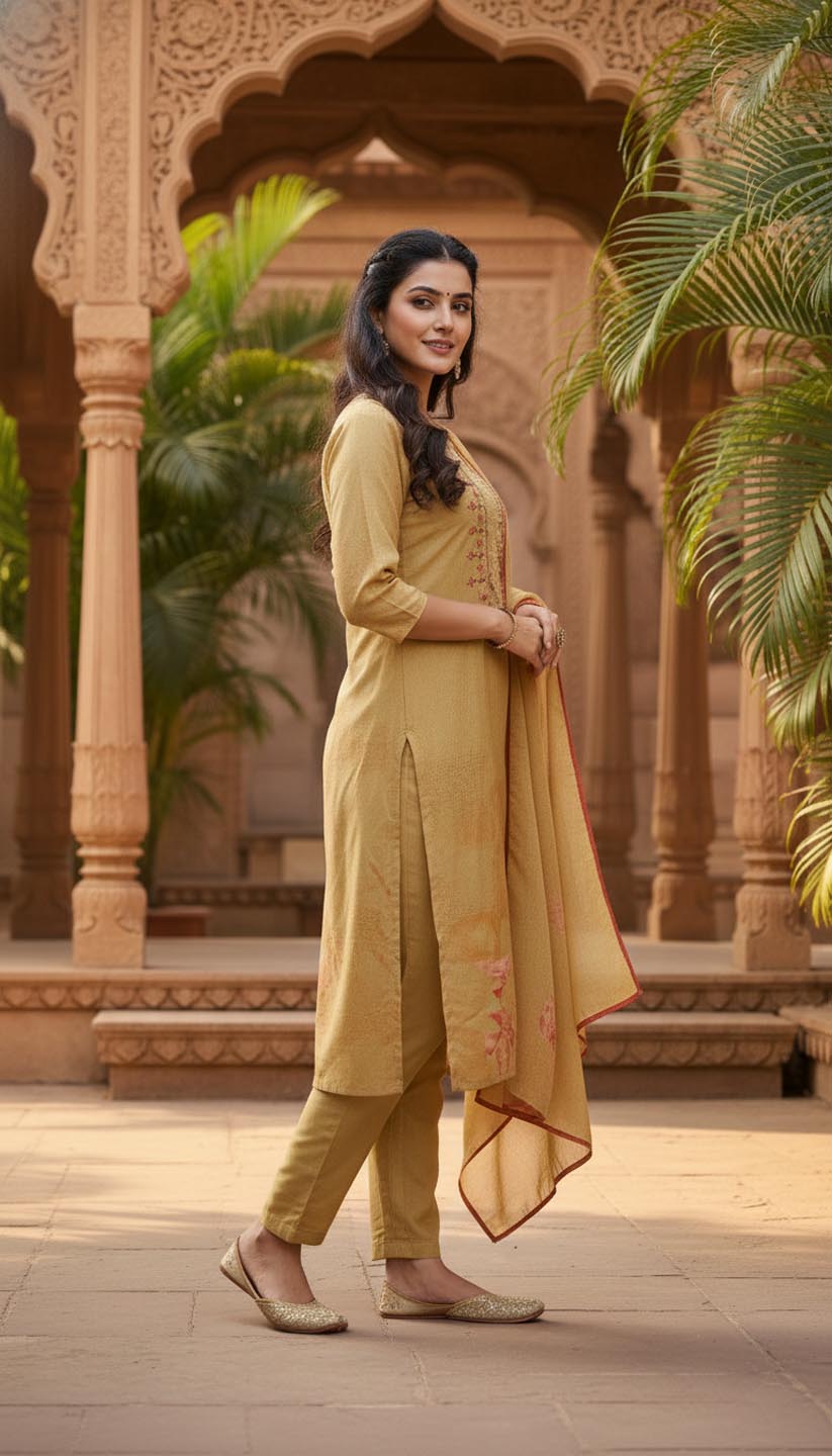 Elegant Mustard Yellow Embroidered Kurta Set with Dupatta