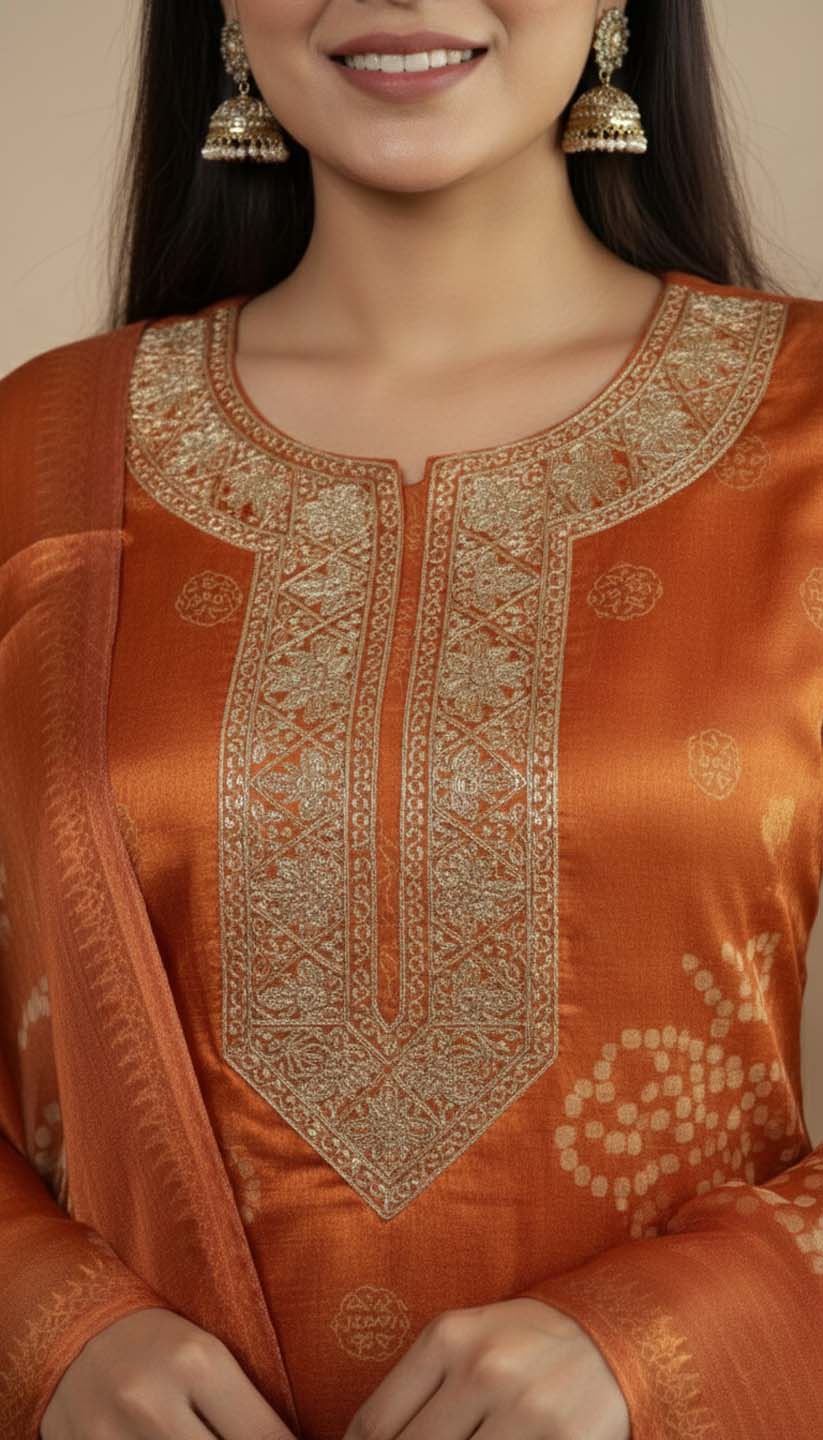 Rust Orange Tissue Chanderi Embroidered Kurta with Trousers & Dupatta
