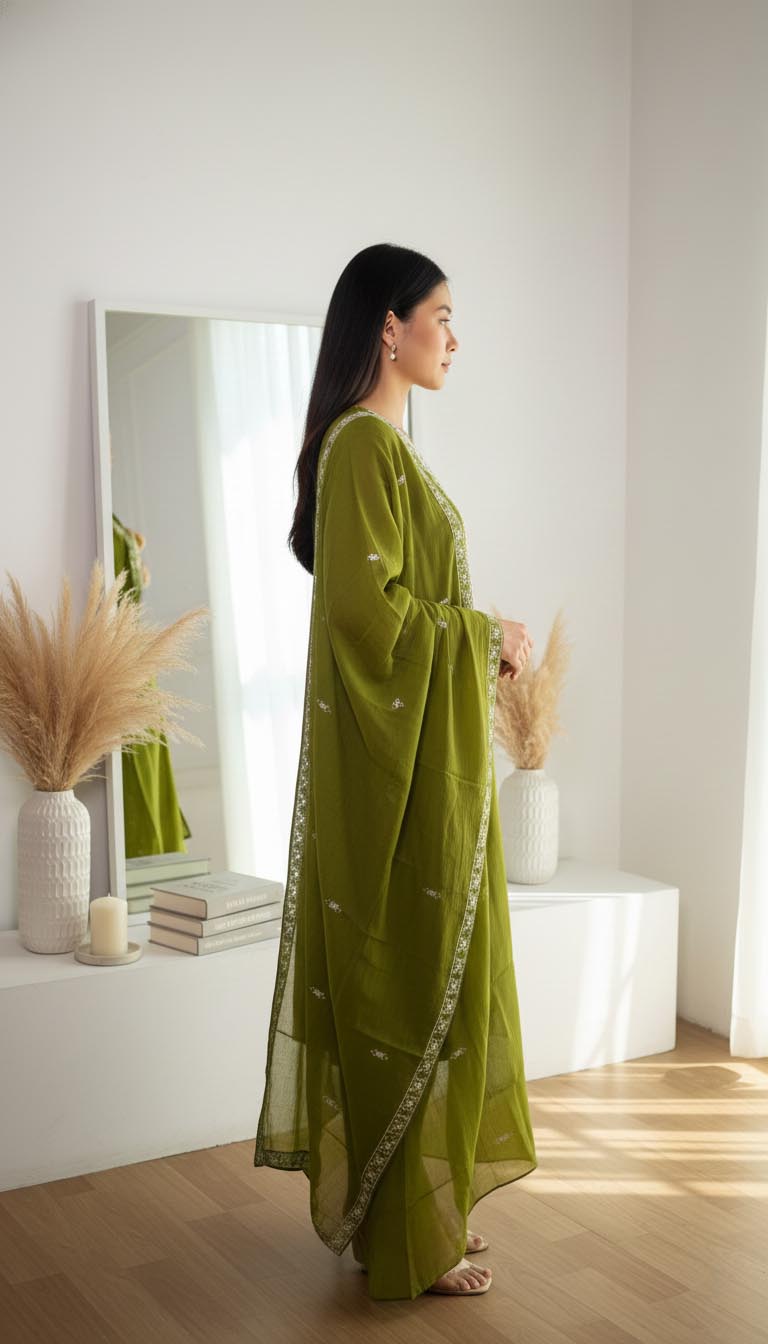 Green-Embroidered Chanderi Silk Kurta  Set