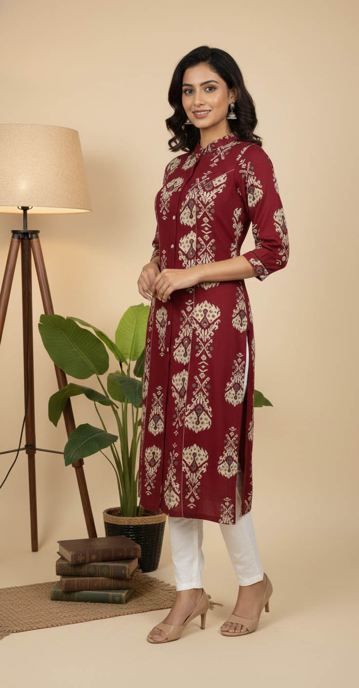 Maroon Rayon Printed Straight Kurta