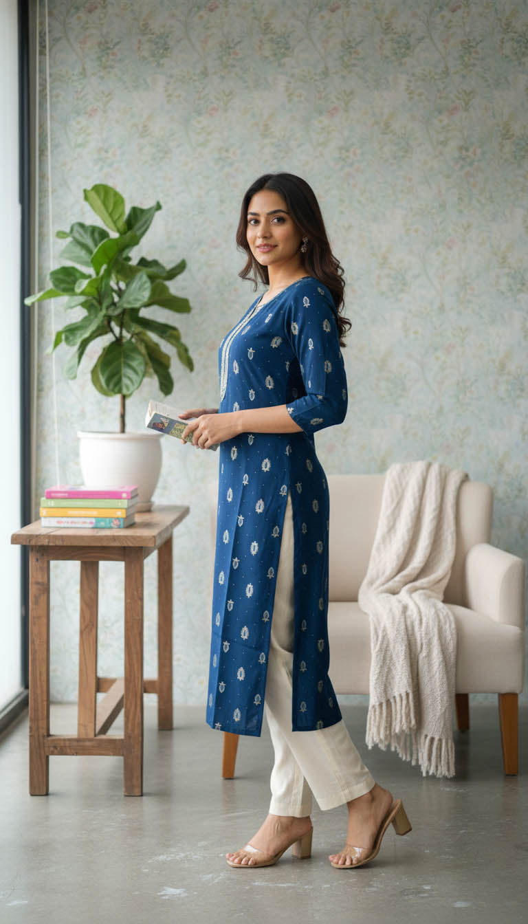 Teal Blue Embroidered Kurta
