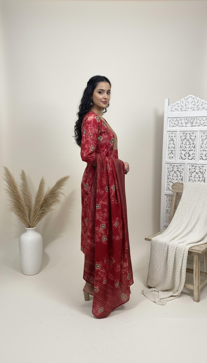 Elegant Maroon & Gold Embroidered Kurta Set with Printed Dupatta