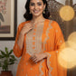 Orange Sequin Embroidered  Chanderi Silk Kurta with Trousers & Scalloped Dupatta Set