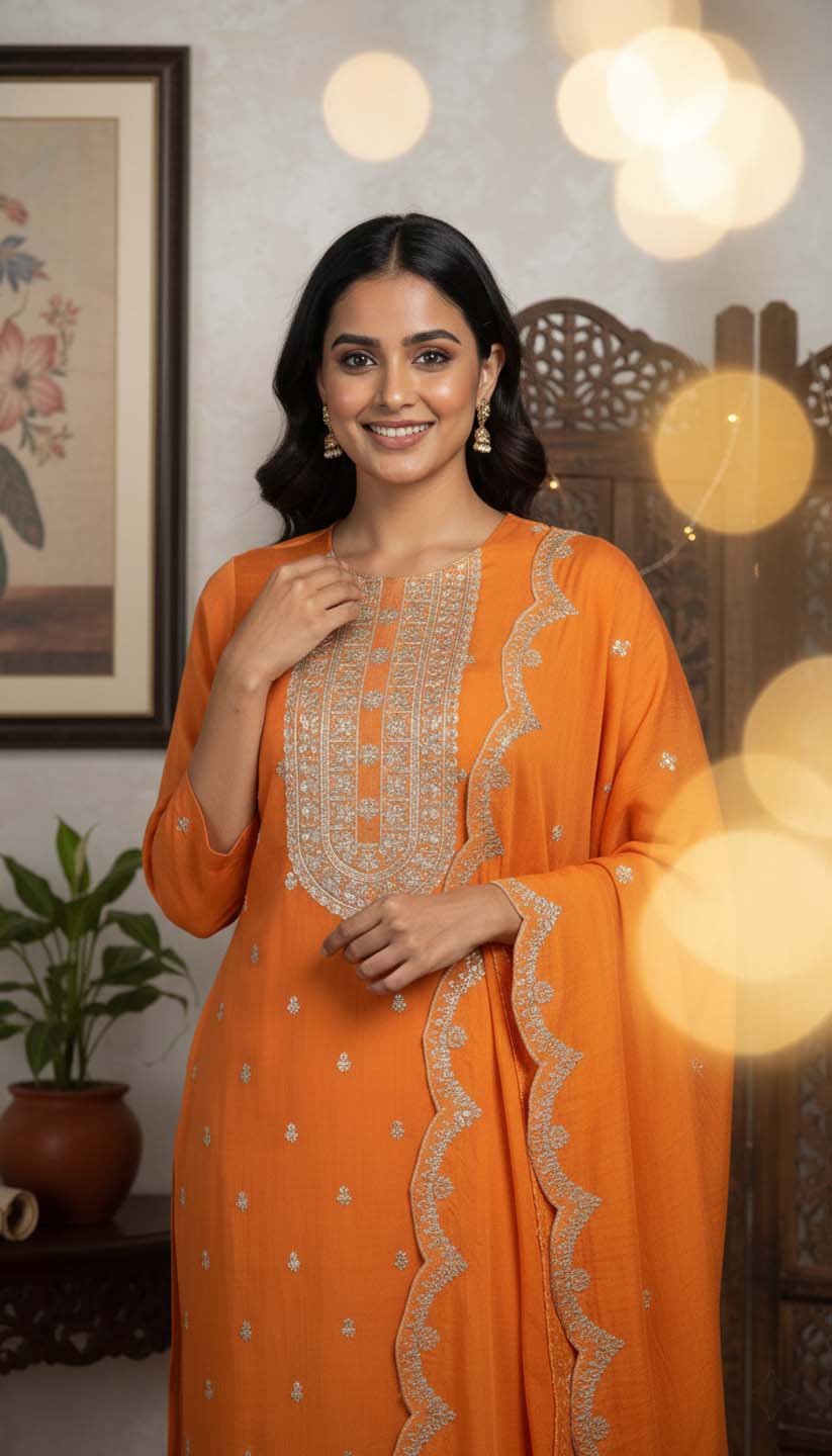 Orange Sequin Embroidered  Chanderi Silk Kurta with Trousers & Scalloped Dupatta Set