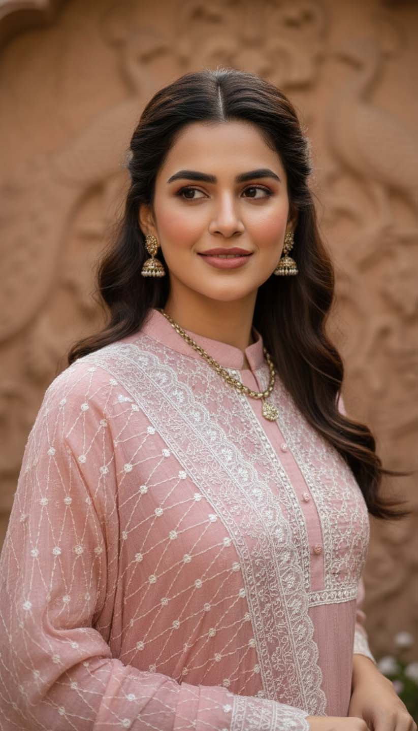 Pink Chanderi Lucknowi Embroidered Kurta with Pant & Dupatta Set