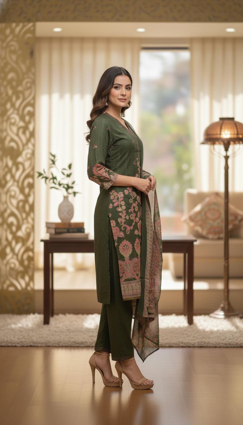 Elegant Olive Green Kurta Set with Floral Print Dupatta