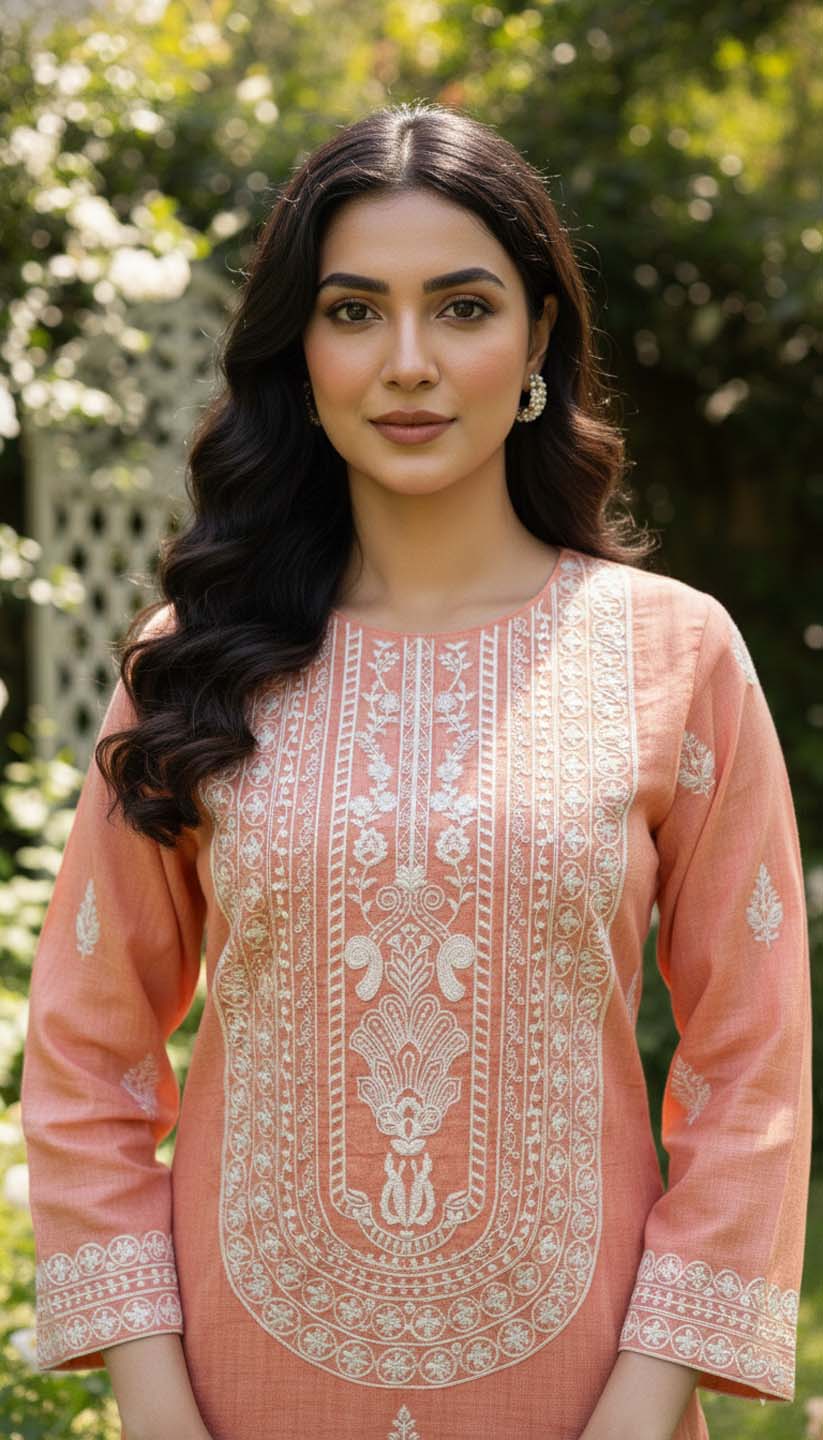 Orange  Embroidered Kurta with Pant & Dupatta Set