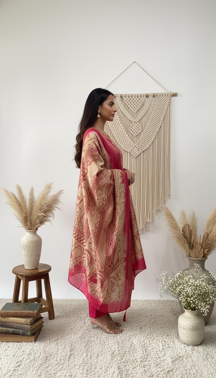 Fuchsia Embroidered Silk Kurta Set with Banarasi-Style Dupatta