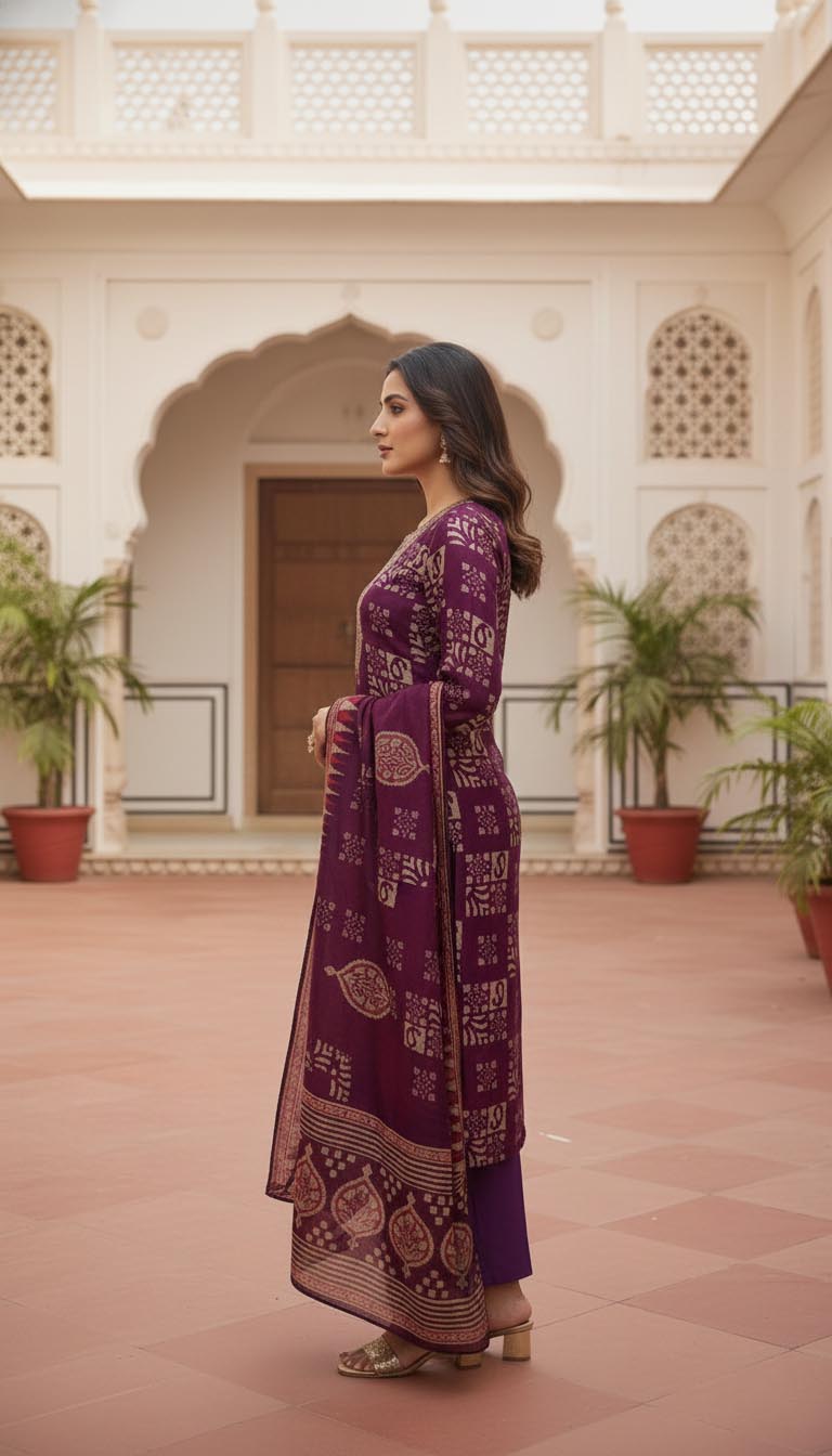 Ethnic Elegance Royal Purple Printed Kurta Set with Dupatta