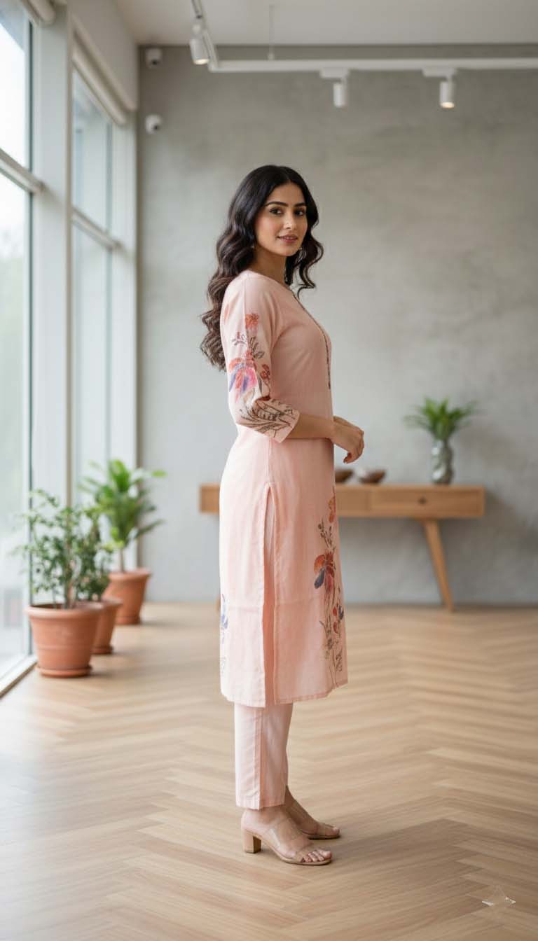 Elegant Everyday Peach Floral Printed Kurta Set With Dupatta