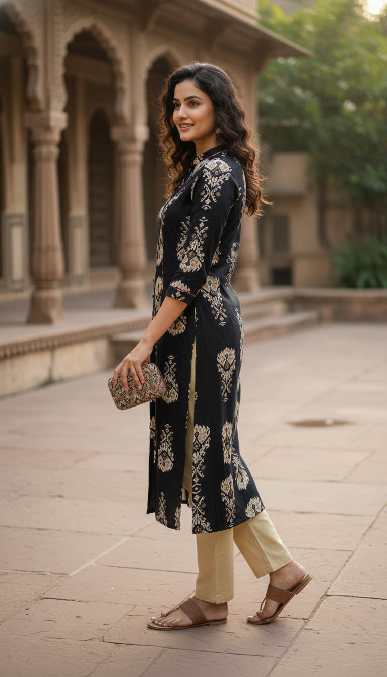 Black Rayon Printed A-Line Kurta