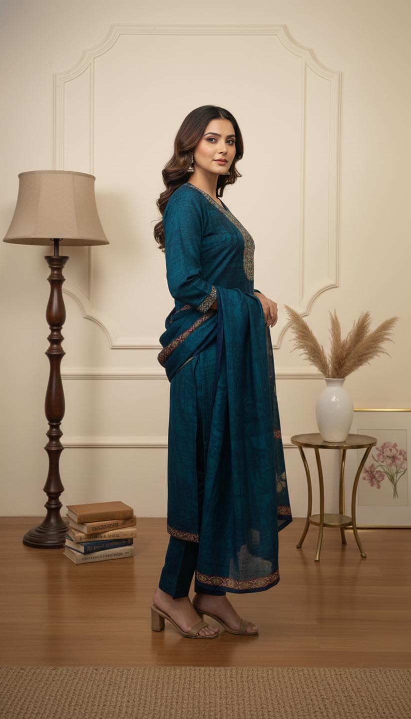 Elegant Navy Blue Embroidered  Design Printed Kurta set with dupatta