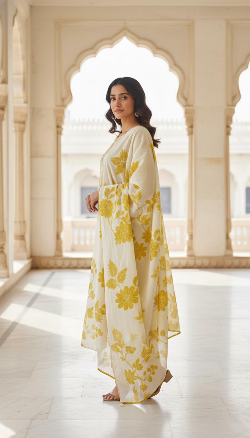 Mustard Floral Embroidered Cotton Kurta Set with Dupatta