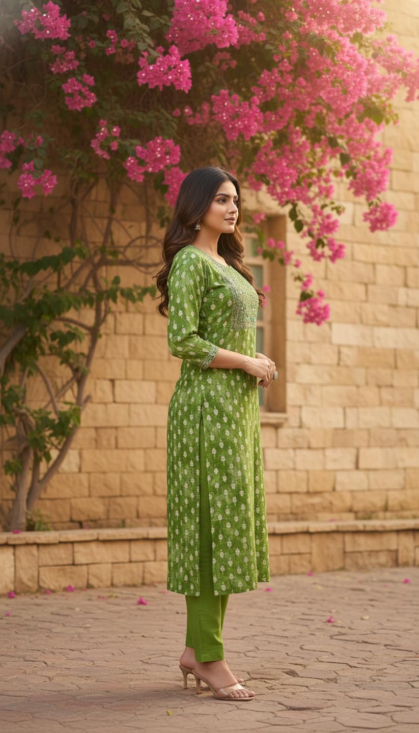 Elegant  Green Printed Embroidered Kurta Set with Pant and Dupatta