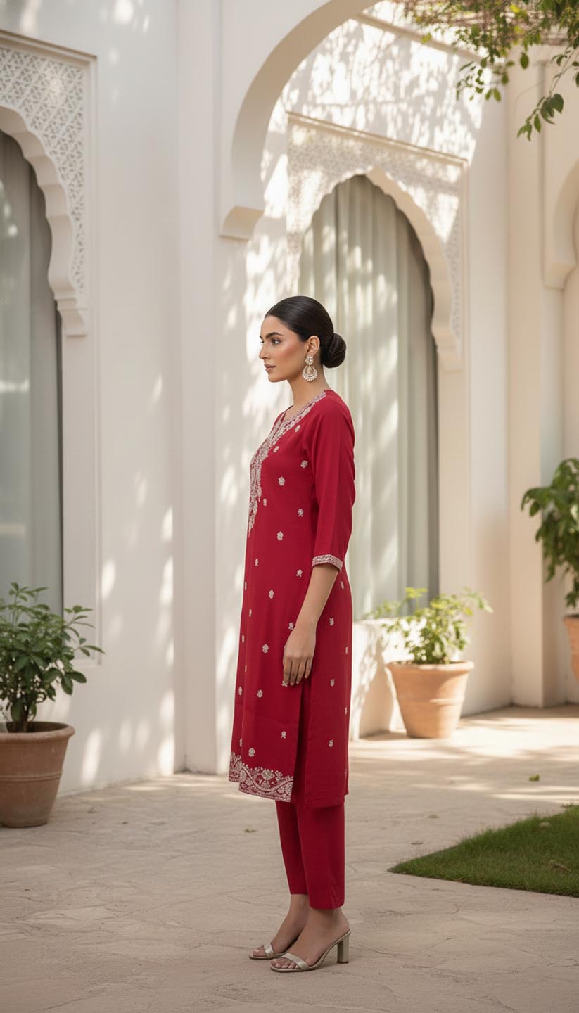 The Elegance Fuschia Embroidered Kurta Set
