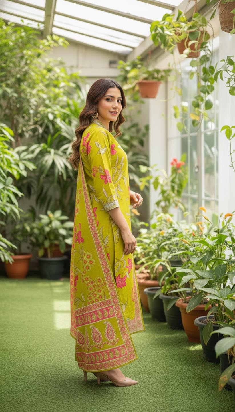 Olive Green  Embroidered Kurta Set with Dupatta