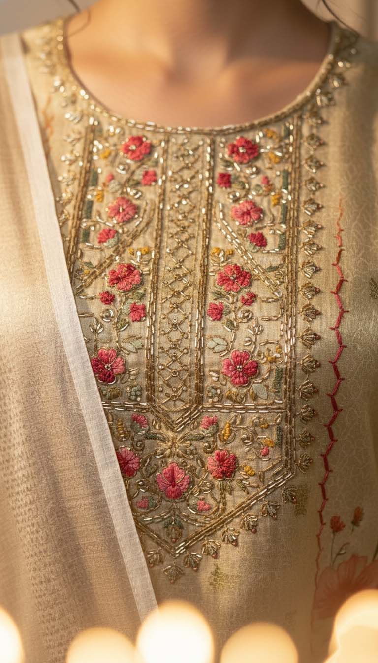 Beige Chanderi Silk Floral Jacquard Kurta Set with Dupatta