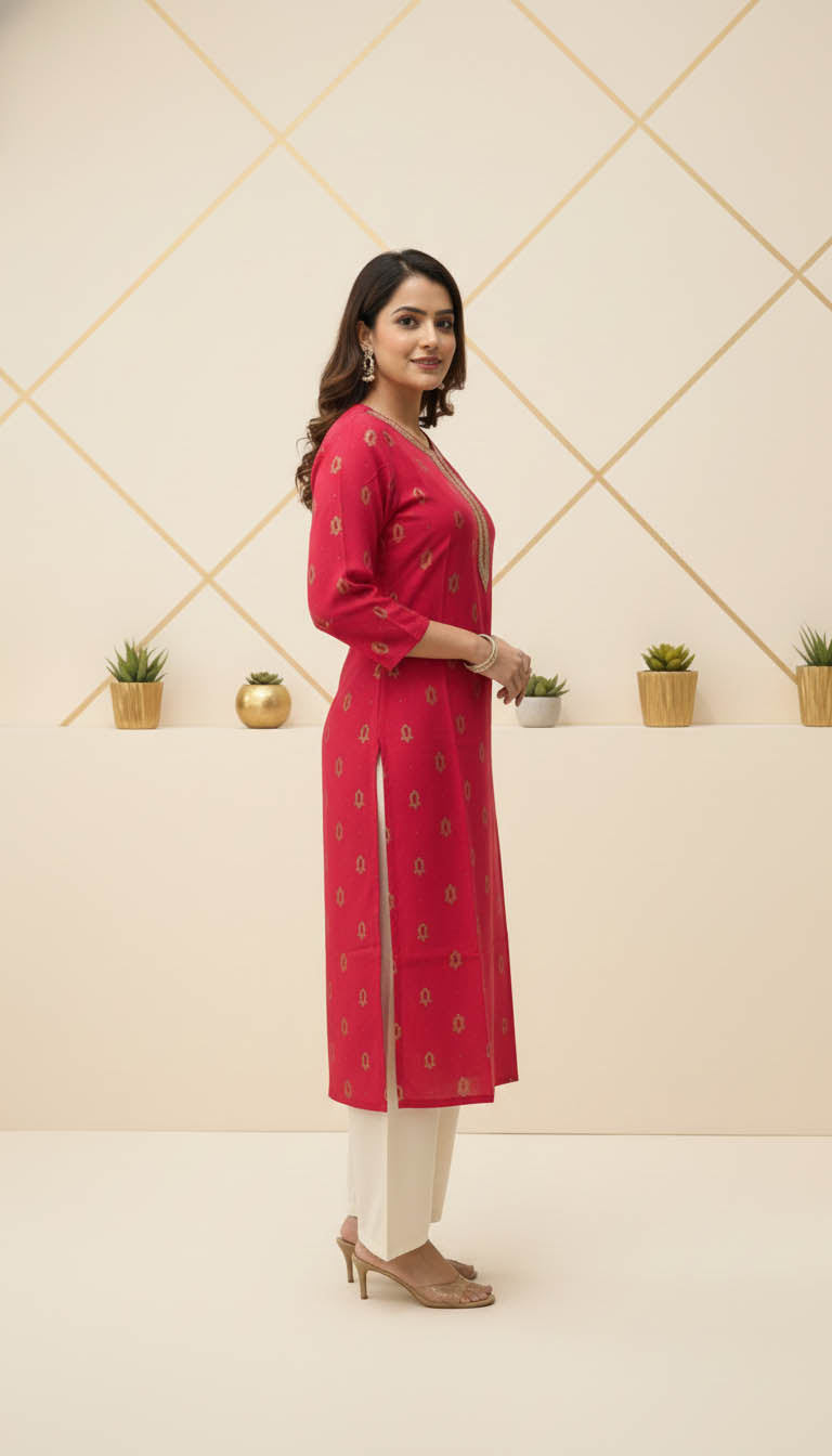 Fuchsia Embroidered Viscose Blend Kurta