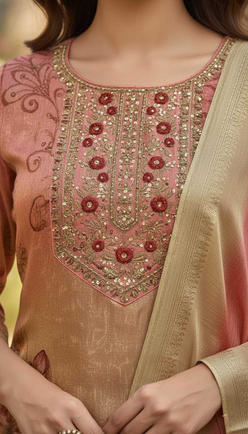 Beige Chanderi Silk Floral Jacquard Kurta Set with Dupatta