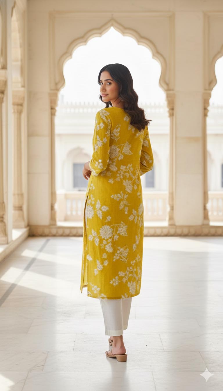 Mustard Floral Embroidered Cotton Kurta Set with Dupatta