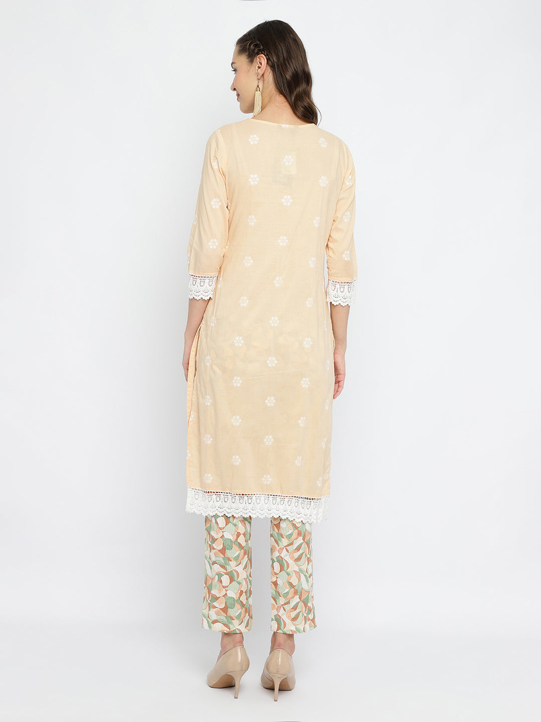 Women Peach Embroidered Kurta with Printed Pant .