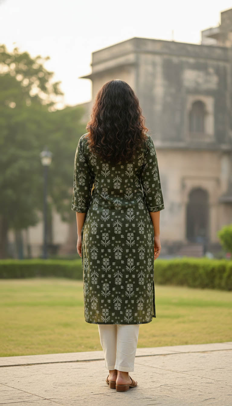 Olive green Chanderi Printed Kurta