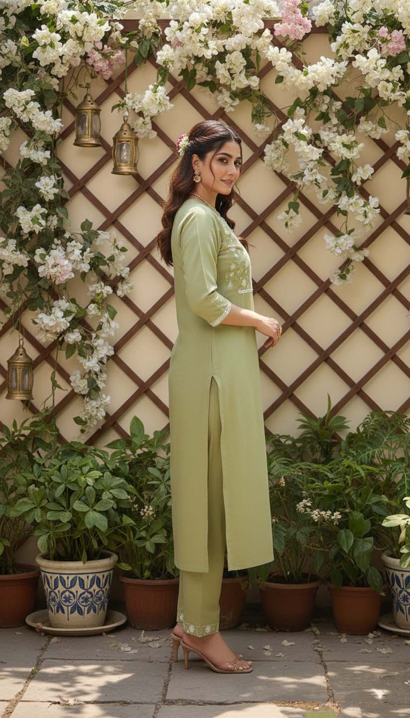 Sage Green Chanderi Lucknowi Embroidered Kurta with Pant & Dupatta Set