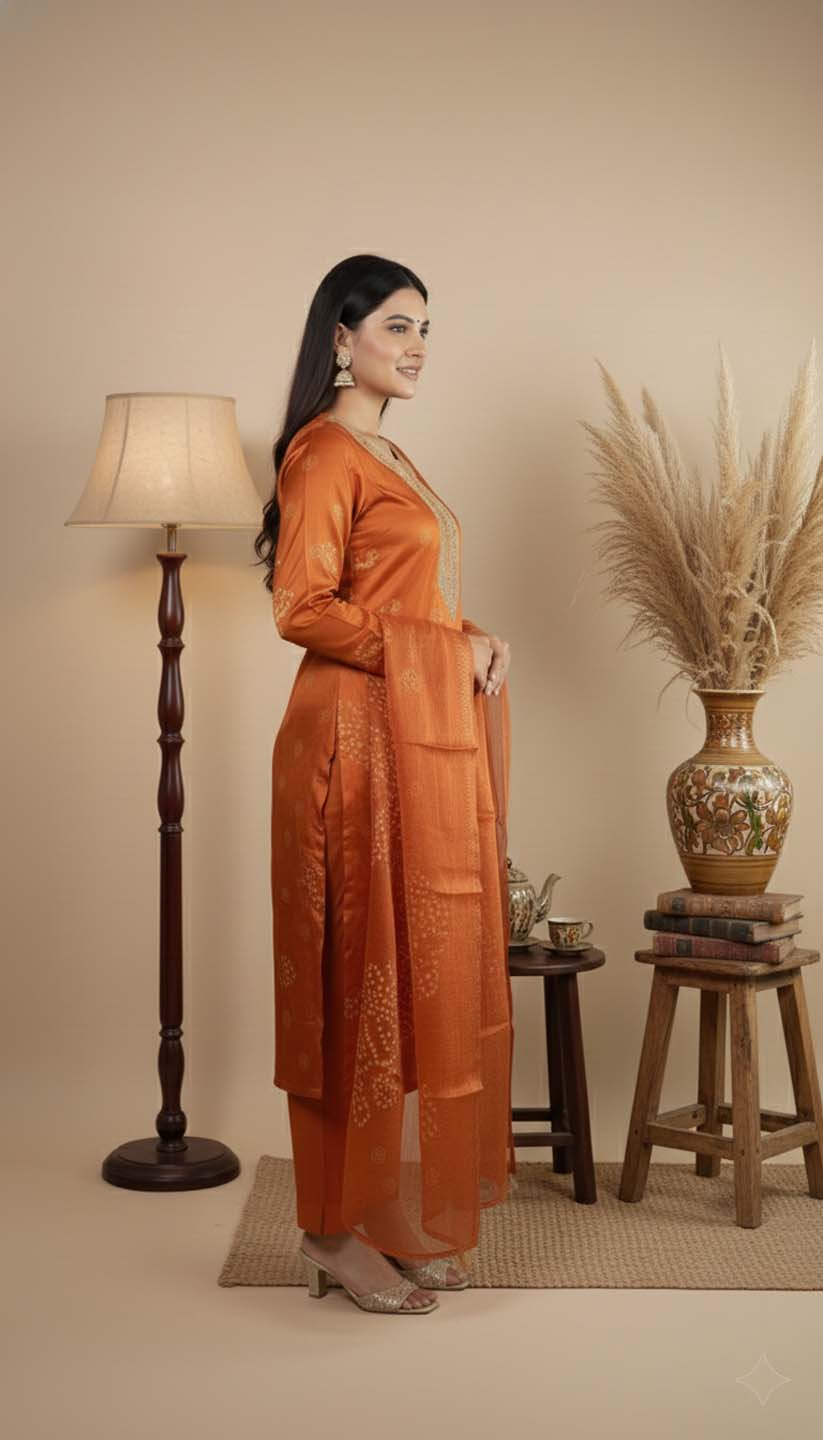 Rust Orange Tissue Chanderi Embroidered Kurta with Trousers & Dupatta