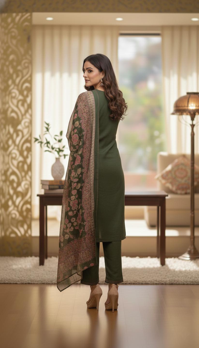 Elegant Olive Green Kurta Set with Floral Print Dupatta