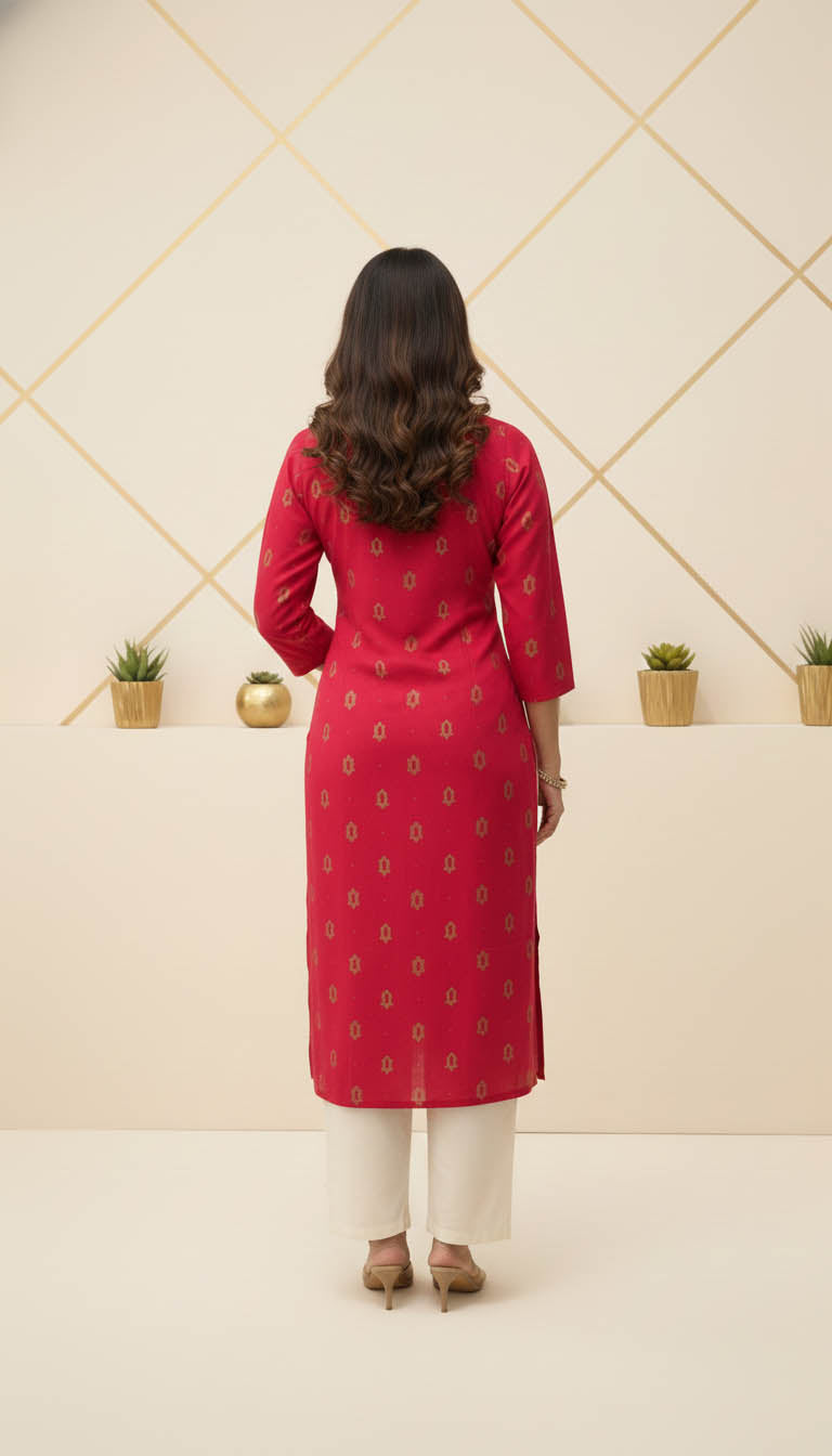 Fuchsia Embroidered Viscose Blend Kurta