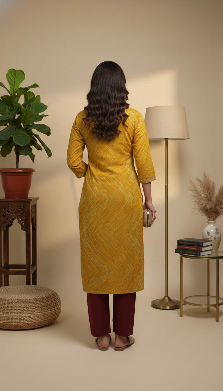 Mustard Printed Rayon Kurta