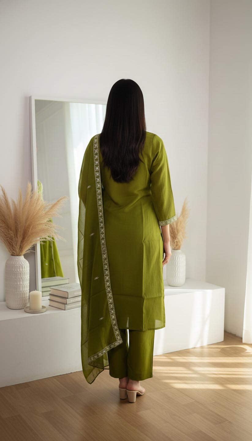 Green-Embroidered Chanderi Silk Kurta  Set