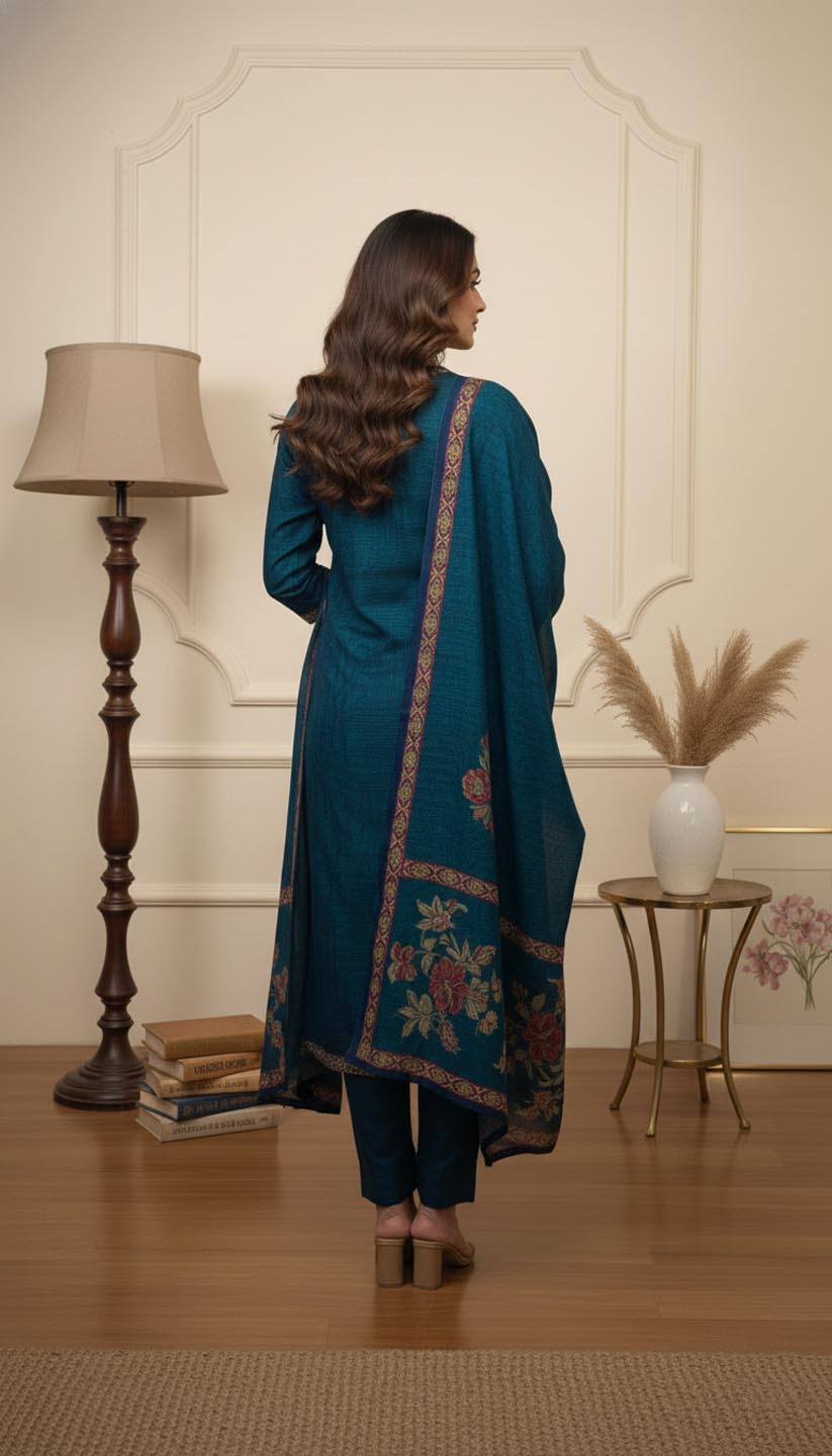Elegant Navy Blue Embroidered  Design Printed Kurta set with dupatta
