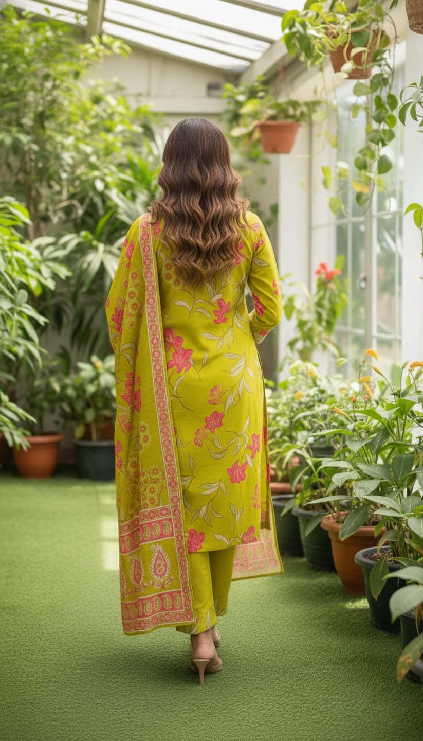 Olive Green  Embroidered Kurta Set with Dupatta