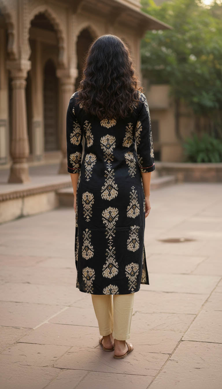 Black Rayon Printed A-Line Kurta
