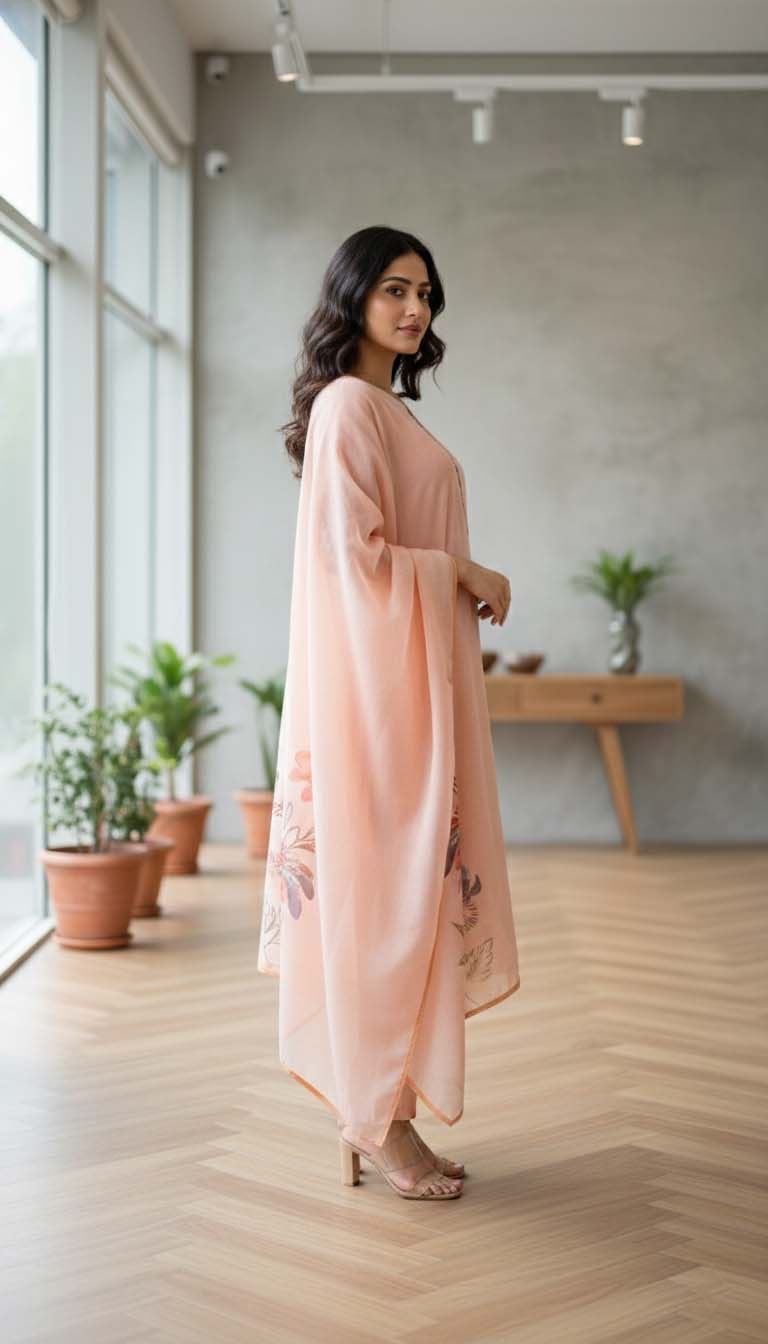 Elegant Everyday Peach Floral Printed Kurta Set With Dupatta