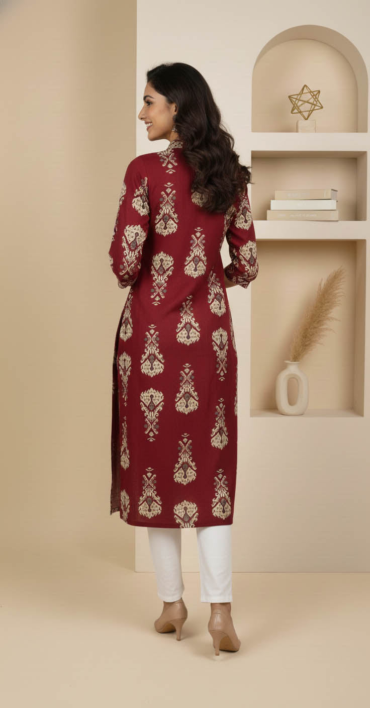 Maroon Rayon Printed Straight Kurta