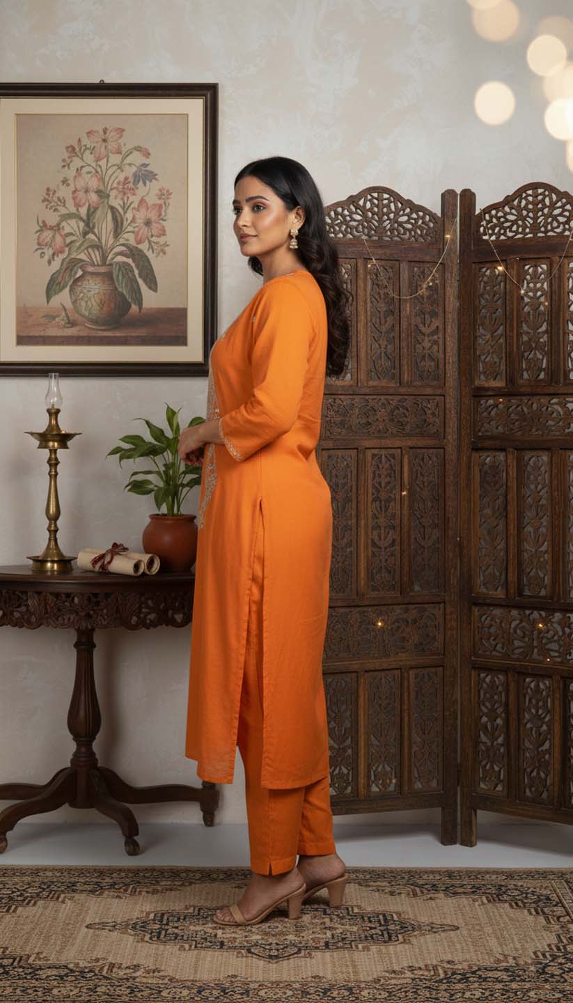 Orange Sequin Embroidered  Chanderi Silk Kurta with Trousers & Scalloped Dupatta Set