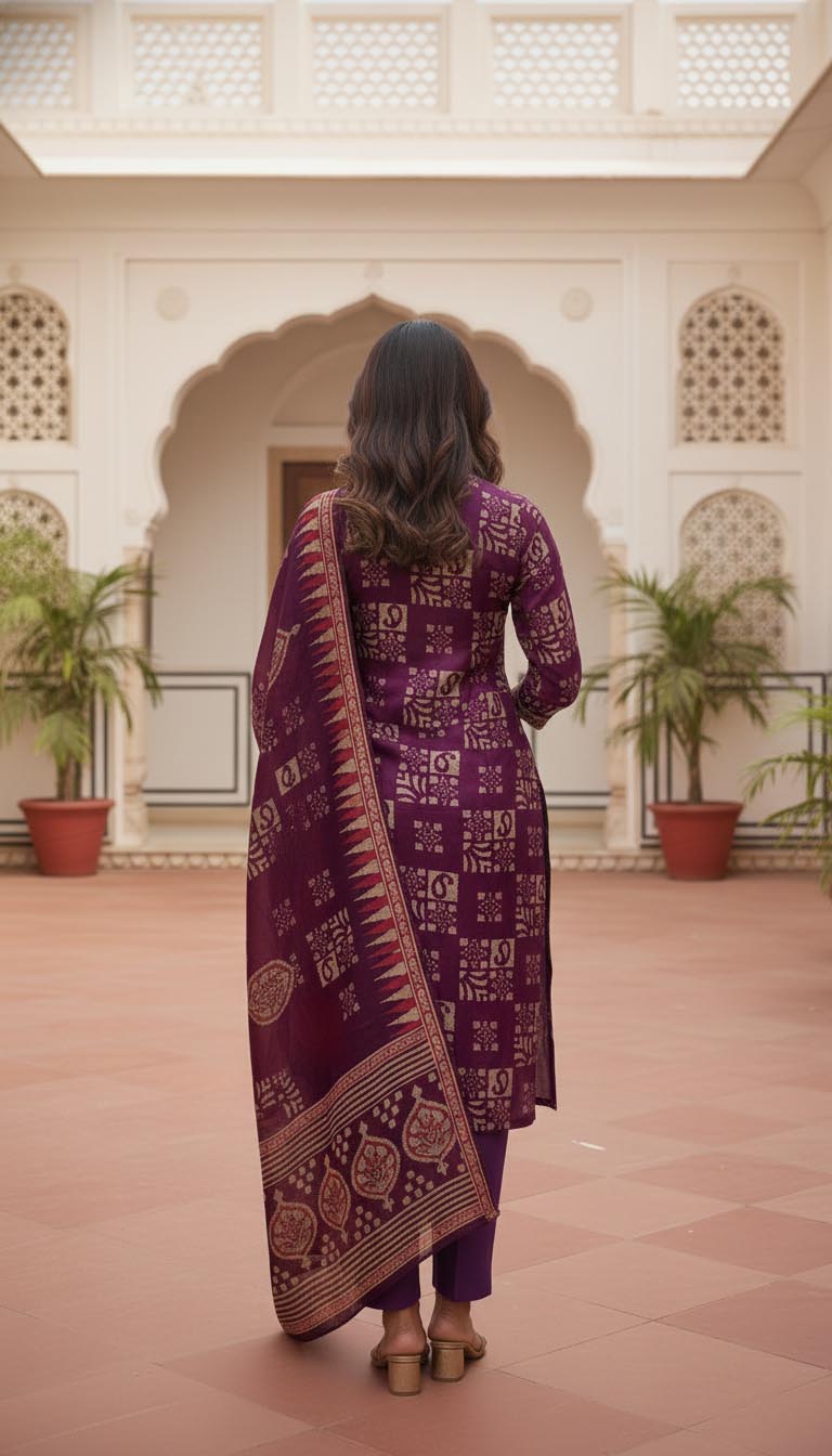 Ethnic Elegance Royal Purple Printed Kurta Set with Dupatta