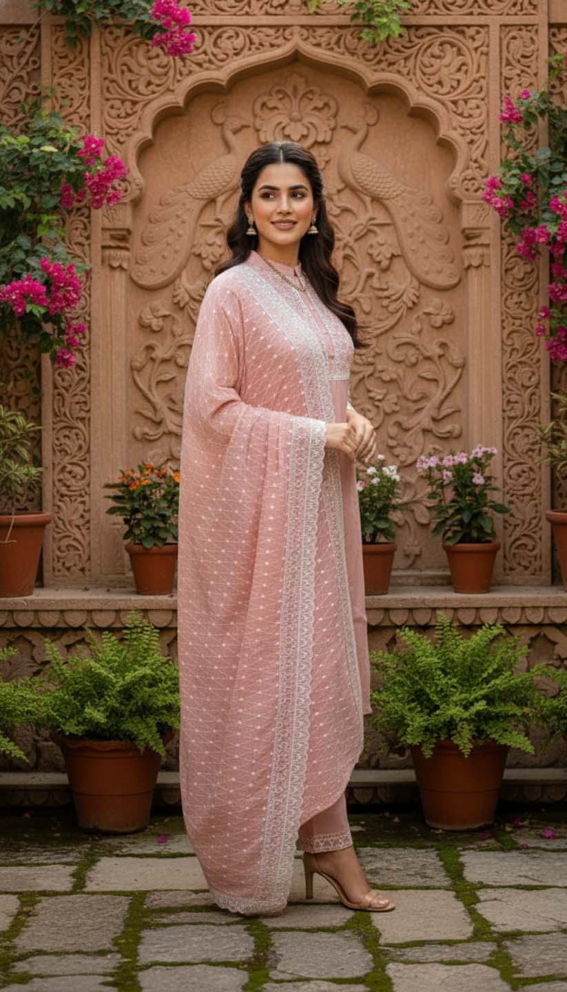 Pink Chanderi Lucknowi Embroidered Kurta with Pant & Dupatta Set