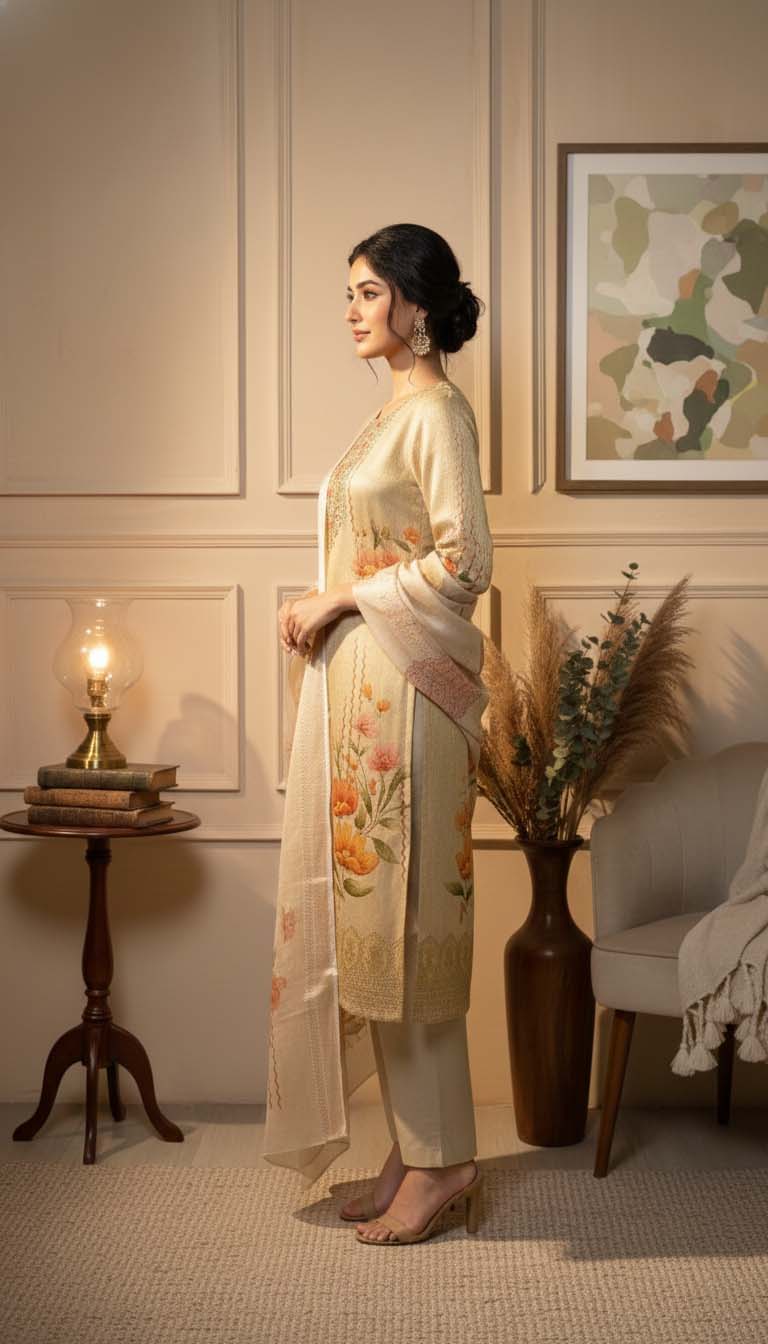 Beige Chanderi Silk Floral Jacquard Kurta Set with Dupatta