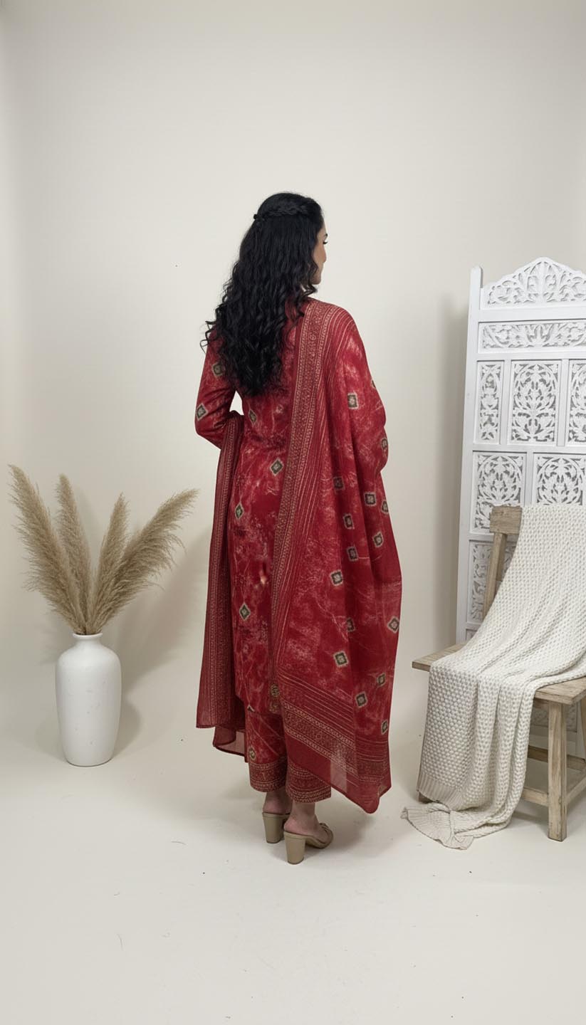 Elegant Maroon & Gold Embroidered Kurta Set with Printed Dupatta