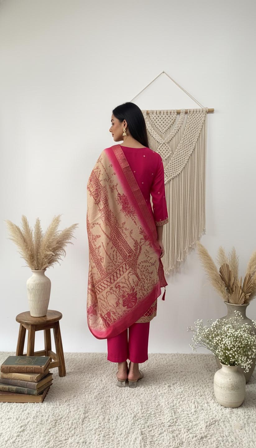 Fuchsia Embroidered Silk Kurta Set with Banarasi-Style Dupatta