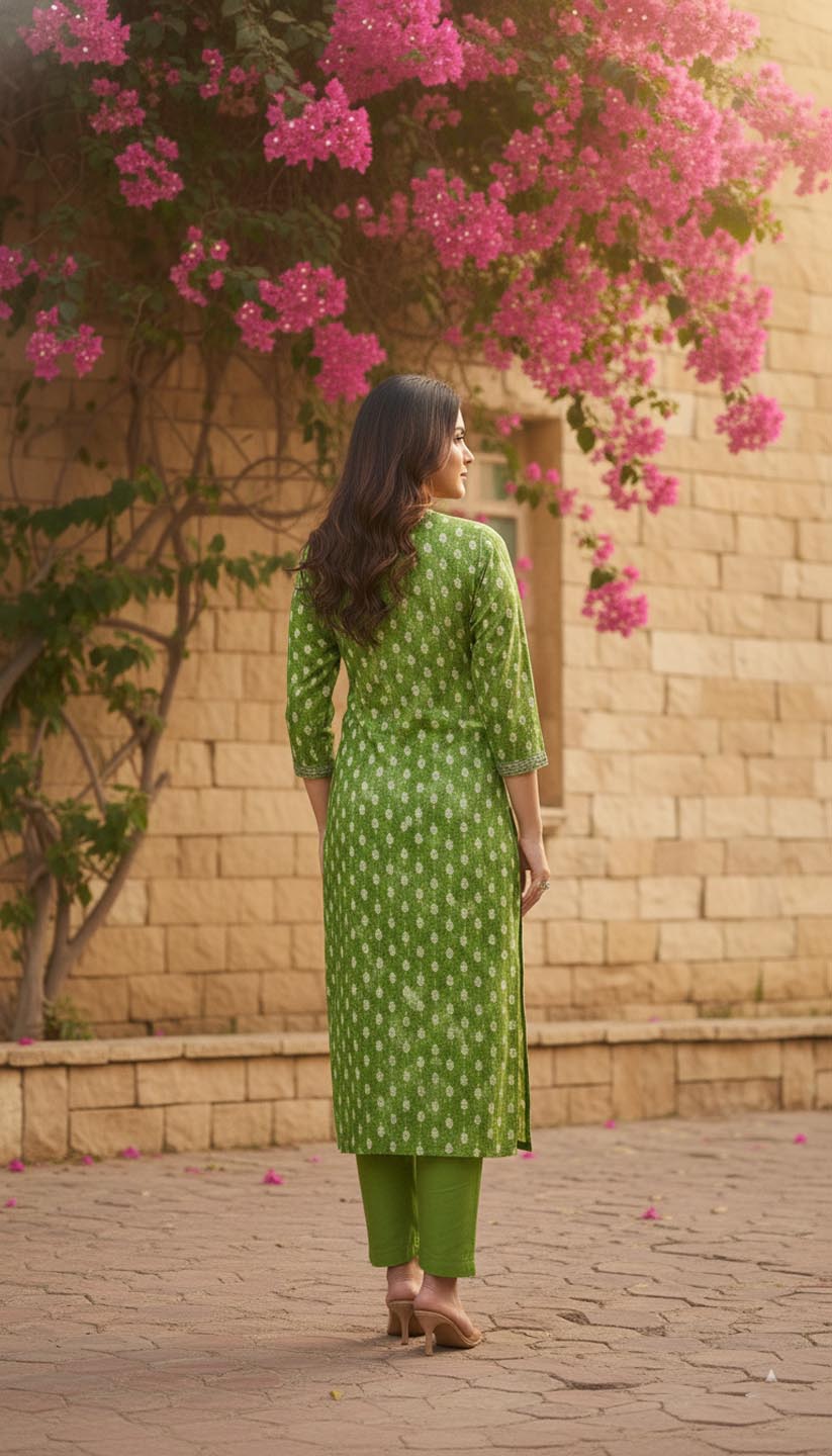 Elegant  Green Printed Embroidered Kurta Set with Pant and Dupatta