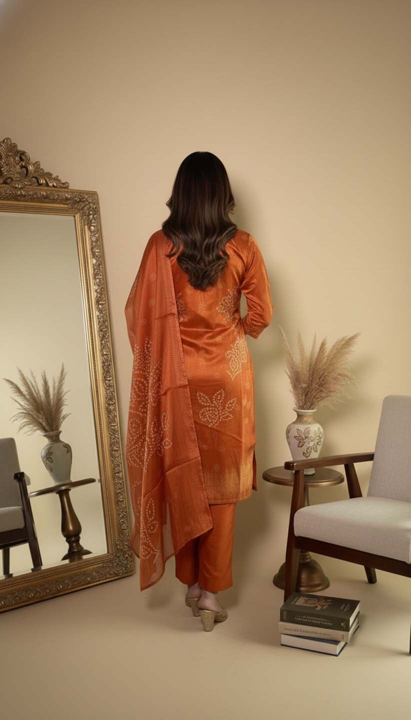 Rust Orange Tissue Chanderi Embroidered Kurta with Trousers & Dupatta